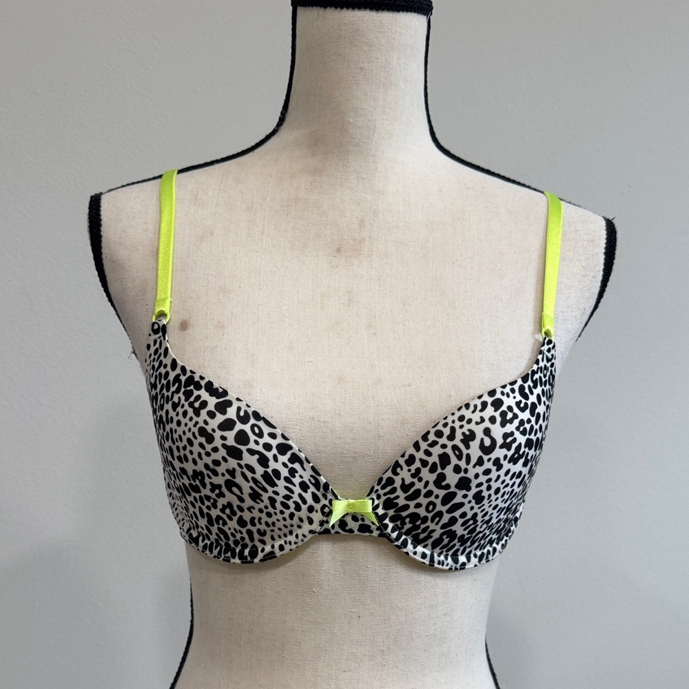 Victoria's Secret Black and White Leopard Bra with Neon Yellow Straps